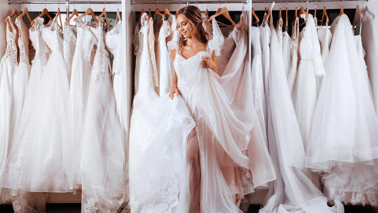 Wedding dresses hanging in Bridal Wardrobe boutique