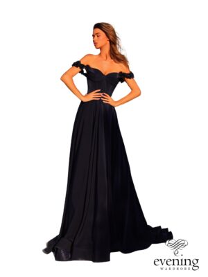Black off-shoulder ball gown with flowing skirt from Bridal Wardrobe