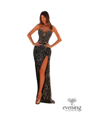 Black and silver strapless formal gown with front slit from Bridal Wardrobe