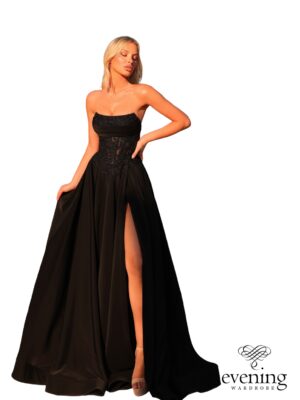 Black strapless evening dress with thigh-high slit from Bridal Wardrobe