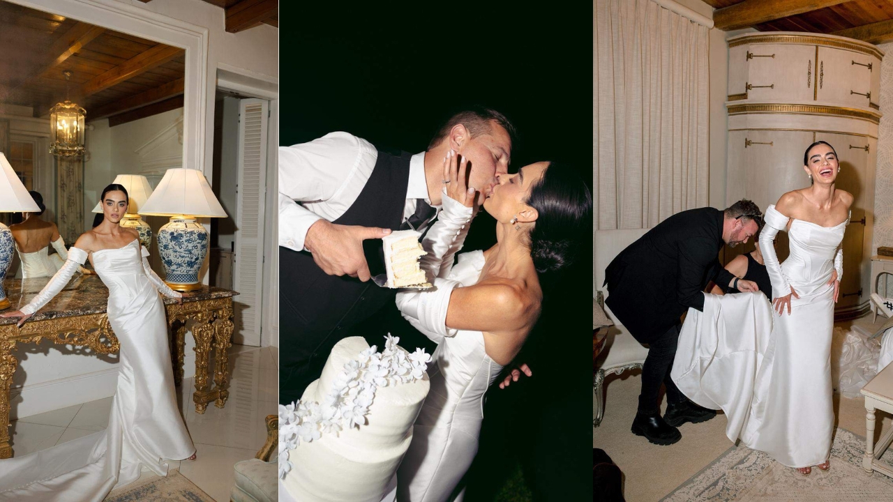 Bride and groom celebrating their wedding with cake cutting and reception moments