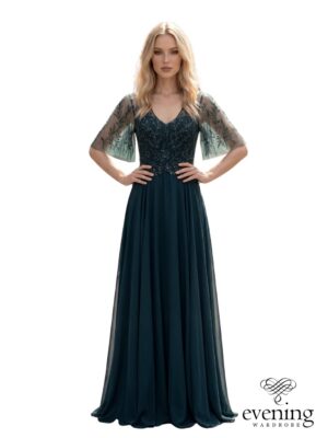 Woman wearing Style 1273 in Botanical Green, a floor-length chiffon A-line evening gown with floral beaded bodice, V-neckline, flutter sleeves and semi-sheer embellished back.