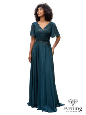 Woman wearing Style 1121 in Botanical Green, a chiffon A-line evening gown with draped V-neckline, ruched bodice, beaded floral appliqué and flutter sleeves.
