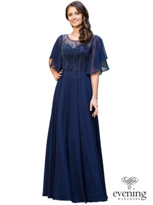 Woman wearing Style 893, a blue chiffon A-line evening gown with beaded illusion neckline, flutter sleeves and embellished illusion back.